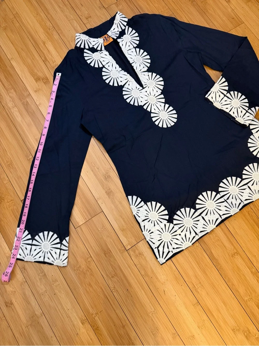 Tory Burch Navy Tunic Top Embroidered Trim Size 12